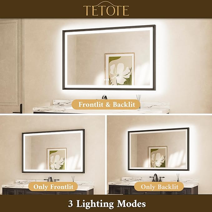 TETOTE Black LED Bathroom Mirror with Lights 24x36 Front & Back Light Vanity Framed Mirror Baroque Gothic Anti Fog Dimmable White/Warm/Natural,CRI90+,Waterproof,Wall Mounted(Horizontal/Vertical)