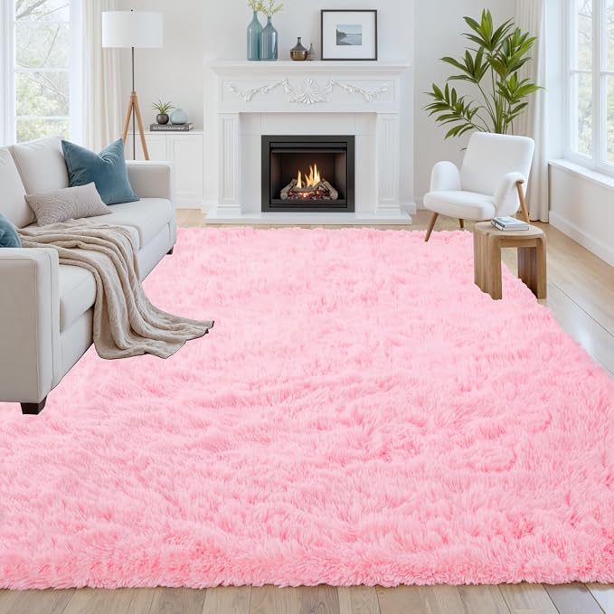 8x10 Fluffy Shag Area Rugs for Living Room Bedroom: Soft Carpet Light Pink | by CarpetAddColortoYourLife