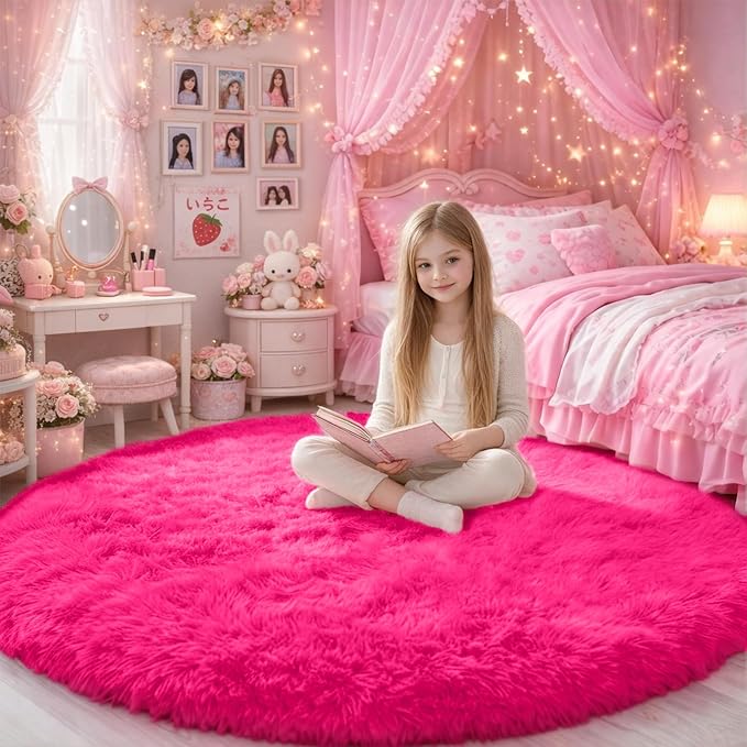 Amdrebio Hot Pink Plush Round Circle Rug 5Ft - Image 4