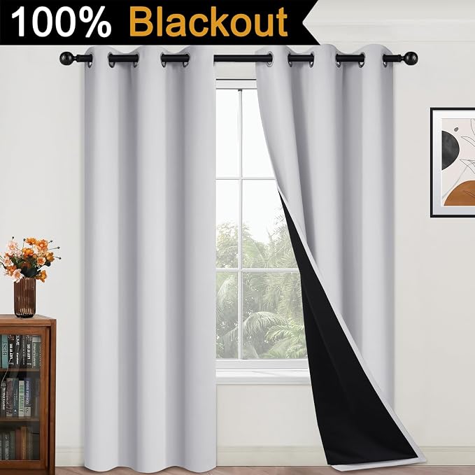 Yakamok Greyish White 100% Blackout Curtains 84 Inches Long, 2 Thick Layers | - Image 2
