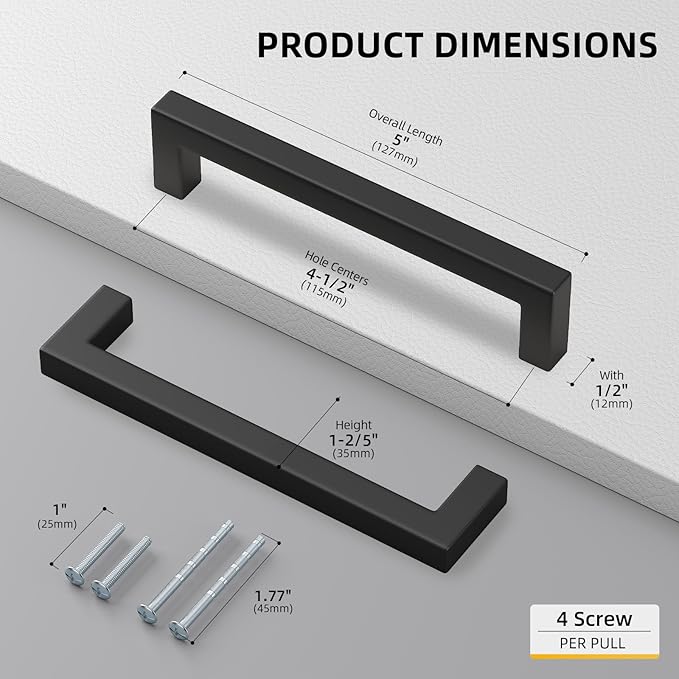 goldenwarm 1 Pack 4-1/2 Inch Black Cabinet Handles Matte Black Drawer Pulls Stainless Steel Cabinets Hardware Square Bar Modern for Kitchen Bathroom Cupboard