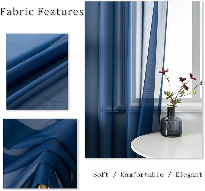 Navy Blue Curtains 108 Inches Long for Living Room Set 2 Panels Window Semi Voile Drapes Extra Length Solid Transparent Dark Blue Curtains for Bedroom Party Backdrop 52x108 Inch Length Indigo Blue