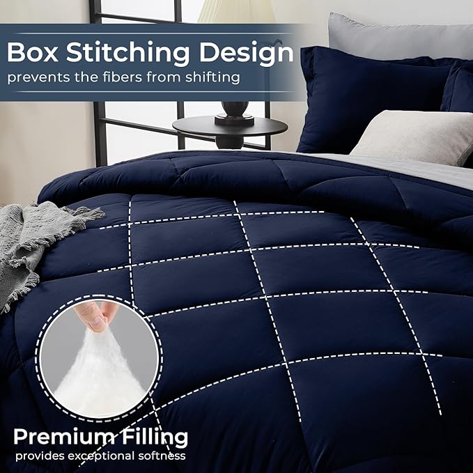 HEVUMYI Navy Blue & Grey California King Comforter Set - 7-Piece All Season Bed in a Bag Cal King, Ultra Soft Bedding Set with Comforter, Flat Sheet, Fitted Sheet, Pillowcases, Pillow Shams