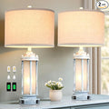 25" Rustic Table Lamps Set of 2, Vintage Nightstand Lamps with 2 USB Ports, Farmhouse Antique White Desk Lamp with Glass Night Light for Living Room Bedroom Dorms, 4 Bulbs Included