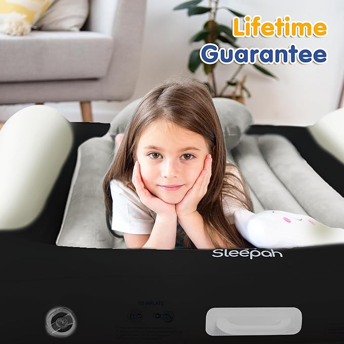 Sleepah Inflatable Toddler Travel Bed Portable Kids Air Mattress Set w Safety Rail Guards for Kids & Toddlers – Includes Pump, Carry Case, Pillow & More - Perfect Transitional Cot (Beige)