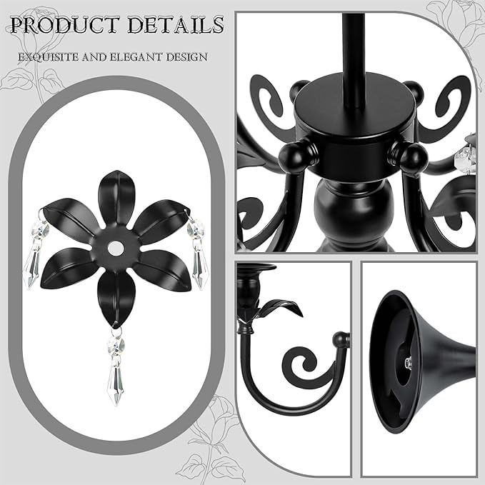 20''Tall Black Crystal Pendant Taper Candle Holders/Stylish Candle Stands/Candlesticks Holder/Candelabra for Home Decor, Weddings/Parties/Elegant Dining Table Centerpiece (2, Black, 5 Arm)