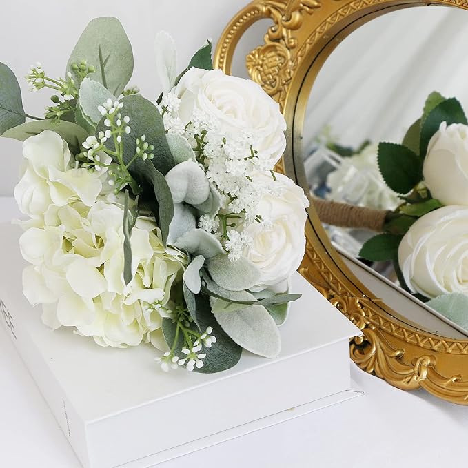 SEMONONIA Wedding Bridesmaid Bouquet Flower 1 Pack - Ivory White Artificial Flowers Bouquet Rustic Small Floral Centerpieces for Marriage Proposal Party Anniversary Dining Table Decorations -7inch