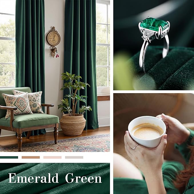 Lazzzy Velvet Blackout Curtains Thermal Insulated Room Window Drapes Super Soft Luxury Curtains for Living Room Bedroom Rod Pocket 2 Panels, Emerald Green, 52" W x 102" L