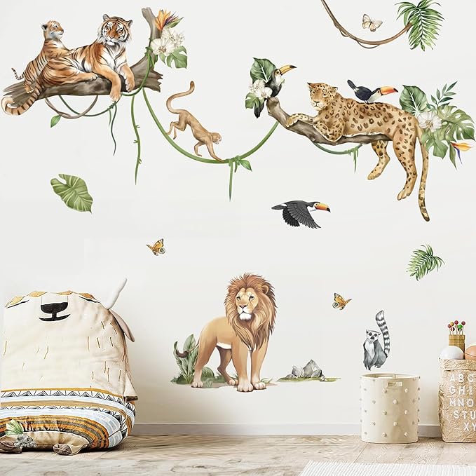 decalmile Large Jungle Animals Tree Branch Wall Stickers Safari Lion Leopard Tiger Wall Decals Baby Nursery Kids Room Playroom Wall Decor (XL)