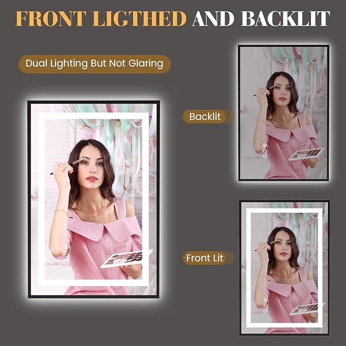 LED Bathroom Mirror,30"x36" Mirror with Black Frame, Front Light and Backlit, Stepless Dimmable, Anti-Fog, Shatter-Proof, Memory, 3 Colors, Double LED Vanity Mirror