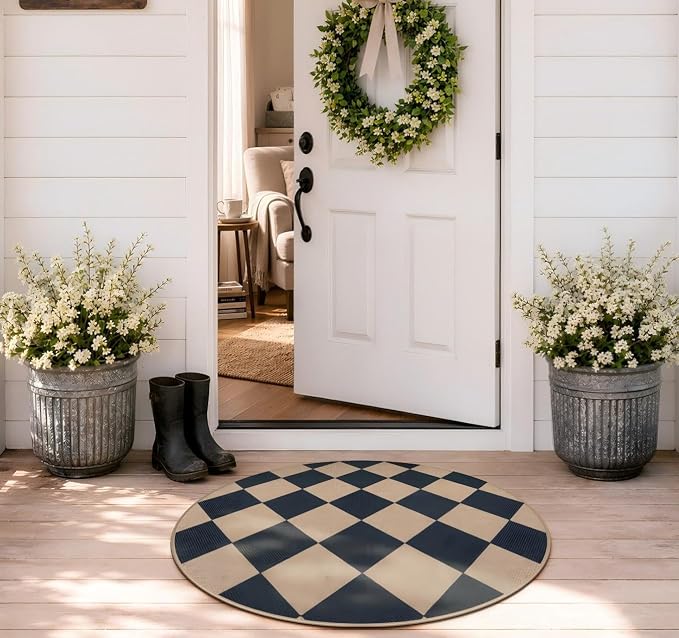 Lahome Checkered Easy Jute Round Rug 3ft, Outdoor Entryway Rug Washable | Black by Lahome