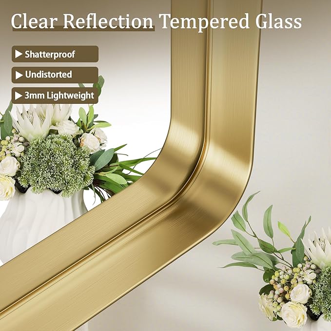 VooBang Bathroom Mirror 24x32 inch, Gold Gorgeous Deep Frame Wall Mirror, Modern Round Corner Bathroom Vanity Mirror for Bedroom, Living Room, Hanging or Leaning Horizontal or Vertical, Gold