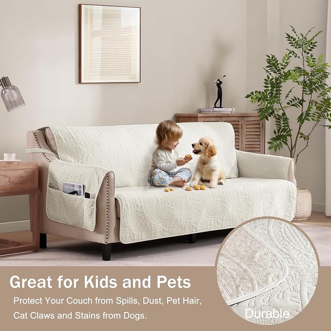 Large Ivory Recliner Chair Covers, Quilted Décor Water-Repellent Lazy Boy Chair - Image 8