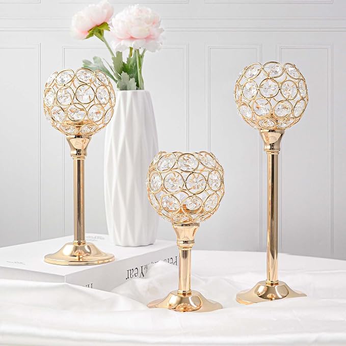 Crystal Metal Tealight Candlestick, Bling Bowl Candelabras, Tall Crystal Votive Candle Holders Elegant Crystal Candle Centerpiece for Dining Table Wedding Decor (Set of 3, Gold)