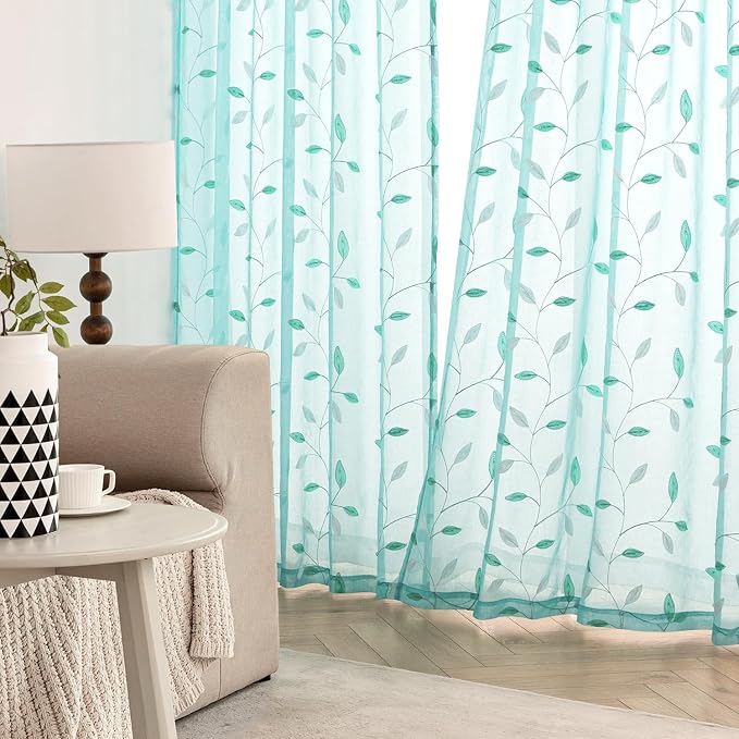 MIULEE Turquoise Sheer Curtains 2 Panels Leaf Patterned, W52 x L96 | - Image 3