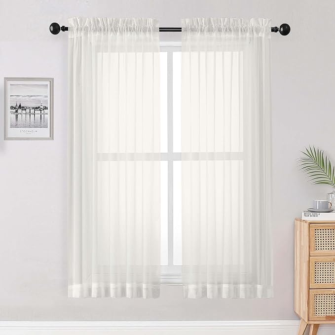 Sheer Ivory Curtains, Sheer Curtains 63 inch Length 2 Panels Set, Rod Pocket by OWENIE