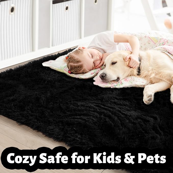 Amdrebio Black Furry Large Area Rug 8x10 - Image 2