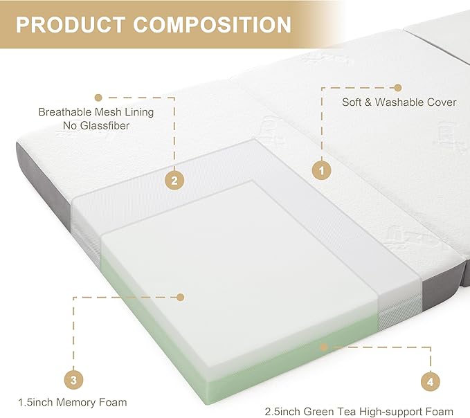 Folding Mattress, 4 Inch Memory Foam Tri-fold with Breathable Bamboo Fiber Fabric Cover, Foldable Floor Mattress Guest Bed for Camping, Road Trip, Twin