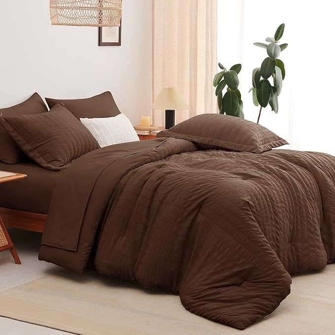 CozyLux Full Size Comforter Sets with Sheets 7 Pieces, Brown Seersucker Bed in a Bag Textured Luxury Soft Bedding Set with Down Alternative Comforter, Sheets, Pillowcases & Shams for All Seasons