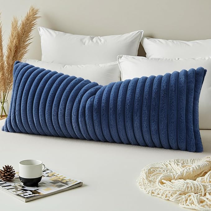 decorUhome Fall Faux Fur Throw Pillow Covers 14x36 Pack of 1 Navy Blue | - Image 4