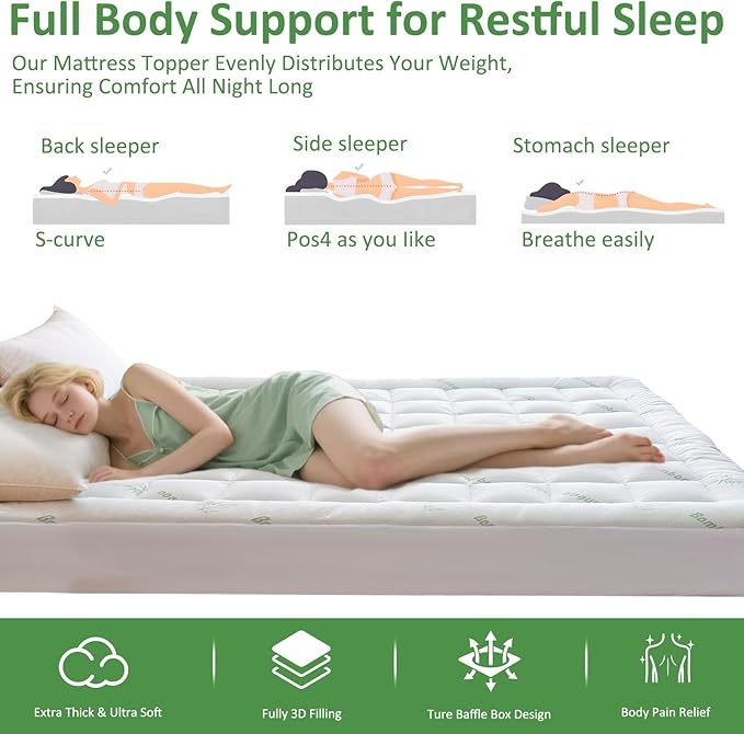 Bioeartha Cooling Mattress Topper California King – Extra Soft Pillow Top Mattress Pad, Breathable Viscose Made from Bamboo Mattress Protector for Back Pain Relief, Deep Pocket Cover Fits 8–21 Inch