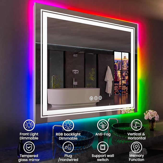 LED Mirror for Bathroom, 60"X30" with 8 RGB Backlit +3 Front Lit (Adjustable Individually), Anti-Fog, Large Lighted Bathroom Vanity Mirror for Wall,Shatterproof,Memory Function,Tempered Glass