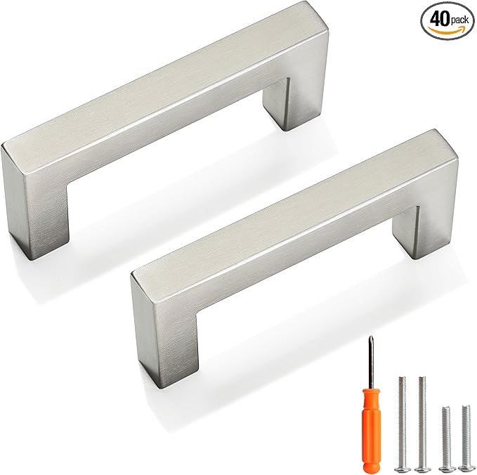 Cabinet Pulls Brushed Nickel Cabinet Handles Square Drawer Pulls, 40 Pack 3 Inch Stainless Steel Kitchen Door Cupboard Cabinet Handles, Cabinet Hardware Drawer Handles, 76mm Hole Centers