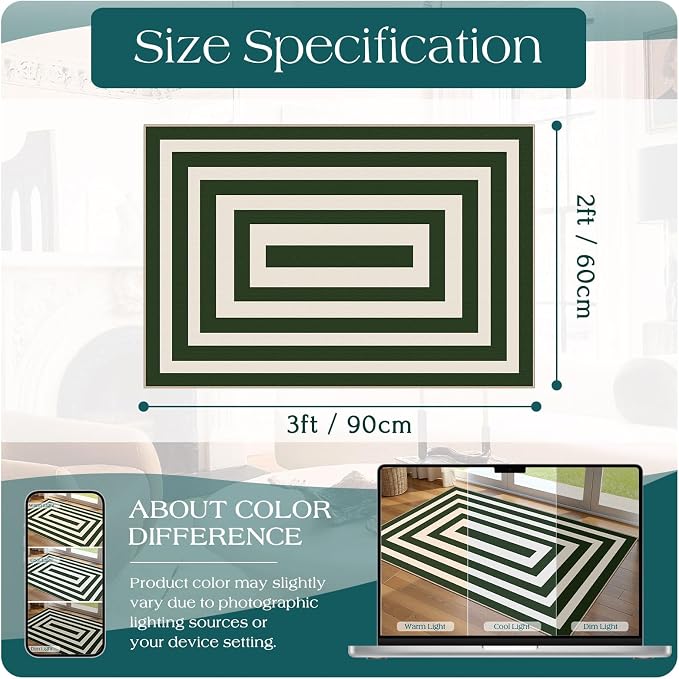 Front Door Mat Indoor Outside Entrance, 2x3 Green White Modern Rug | Non-Slip - Image 2
