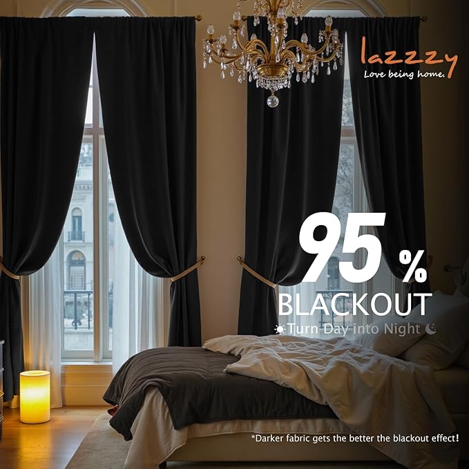 Lazzzy Velvet Blackout Curtains Thermal Insulated Room Window Drapes Super Soft Luxury Curtains for Living Room Bedroom Rod Pocket 2 Panels, Black, 52" W x 108" L