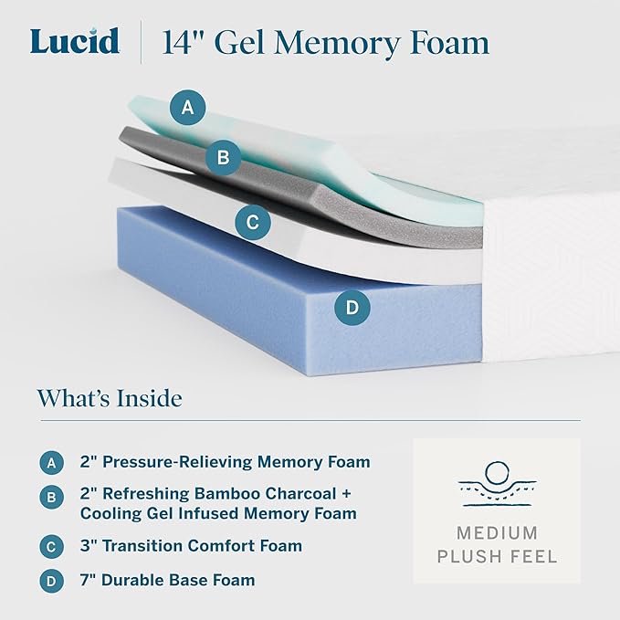 Lucid 14 Inch Memory Foam Mattress - Medium Plush Feel - Infused with Refreshing Bamboo Charcoal and Cooling Gel - Bed in a Box - Temperature Regulating - Pressure Relief - Breathable - King Size