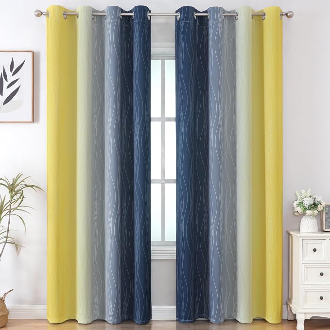 Navy Blue and Yellow Ombre Blackout Curtains - Image 2