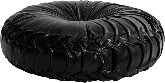 HIG Set of 2 Black Metallic Leather Decorative Round Pleated Throw Pillows | - Image 6
