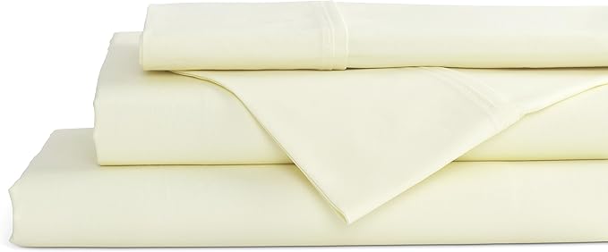Linen Home 100% Cotton Percale Sheets Twin Size, Cream, Deep Pocket, 3 Pieces Set - 1 Flat, 1 Deep Pocket Fitted Sheet and 1 Pillowcase, Crisp Cool and Strong Bed Linen
