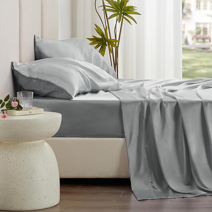 Love's cabin Full Size Satin Sheet Sets - 4 Piece Silver Silky Sheet Set with Deep Pocket, Luxury Silk Feel Satin Sheets Full Bedding Set (1 Flat Sheet,1 Fitted Sheet,2 Pillow Cases)