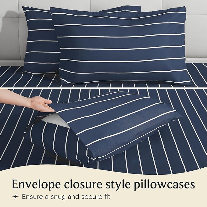 LuxClub 4 PC Full Size Sheet Set Bed Sheets, Breathable Luxury Deep Pockets Wrinkle Free Cooling Sheets Machine Washable Hotel Bedding (Full, Striped Navy)