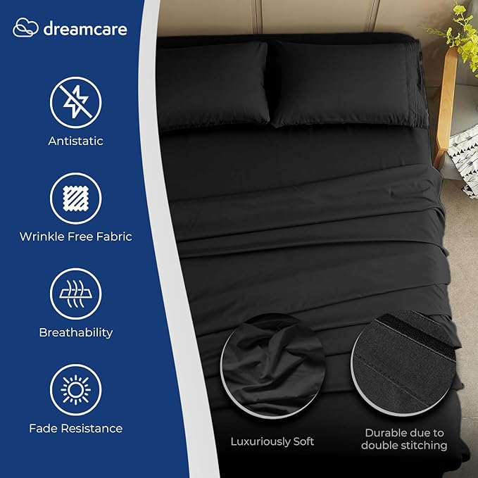 DREAMCARE King Size Sheets Set - Cooling Bed Sheets - 4pcs Set - up to 15" Deep Pocket King Sheet Set – Soft & Long Lasting Cooling - 100% Fine Brushed Polyester with Side Pocket - Black