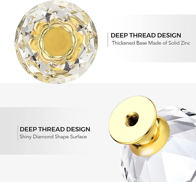 Ravinte 5 Pack Crystal Knobs for Dresser Drawers Glass Cabinet Knobs Diamond Shaped Drawer Knobs - 30 mm Knobs with Gold Base