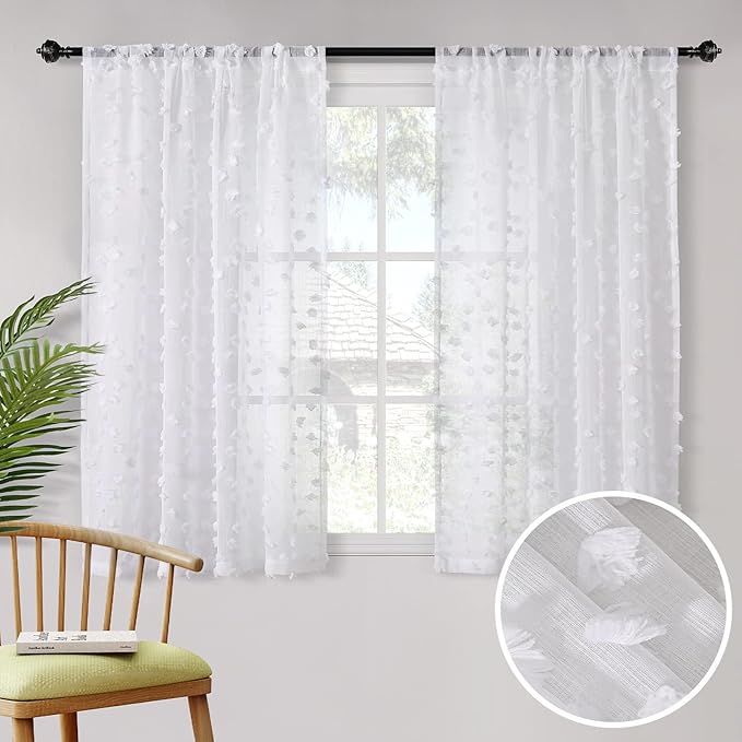 MYSKY HOME Pom Pom White Sheer Curtains for Bedroom Girls Room Curtains 63 inch Length for Nursery Kids Light Filtering Boho Window Drapes, Rod Pocket, 52" Wide, 2 Panels