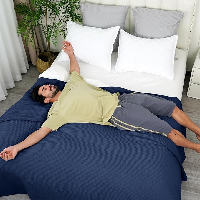 PHF 100% Cotton Waffle Weave Blanket Queen Size for Bed,Snag Proof Lightweight Breathable Throw for Couch,Great for Layering in Cold Weather,Machine Washable, Home Decor Gift-Navy Blue/Bright Blue