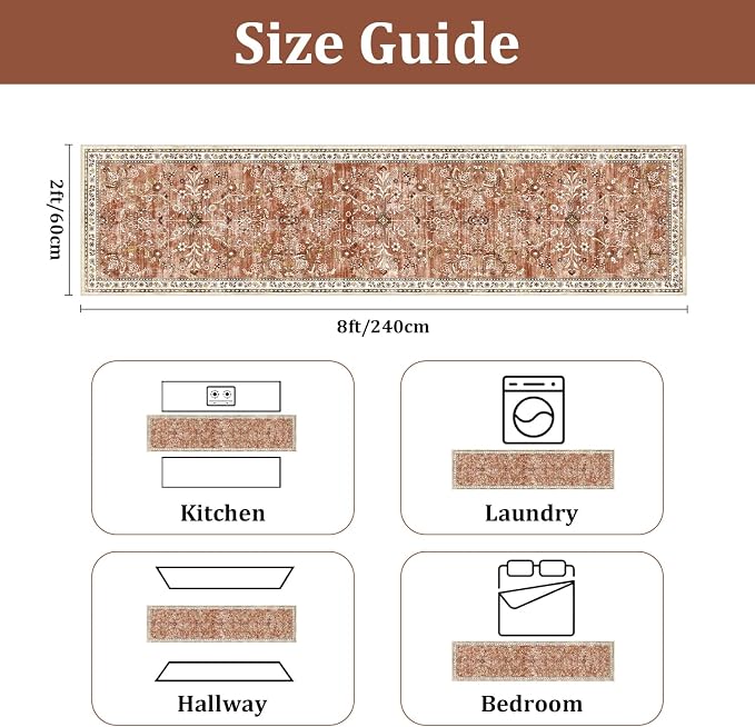 Yamaziot 2x8 Washable Hallway Runner Rug Non Slip Floral Carpet, Brick-red | - Image 2