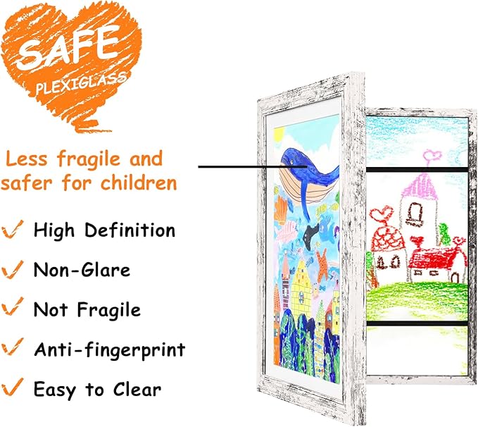 KINLINK 9x12 Kids Art Frames Set of 2, Solid Wood Kids Artwork Frames Changeable with Acrylic Front Opening Holds 150 Pictures, Art Frame for Kids Artwork with Mat or without Mat, Rustic White