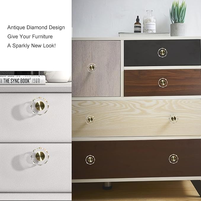 QOGRISUN 2-Pack Brass Crystal Cabinet Knobs,Glass Crystal Gold Drawer Knobs,1-1/4-Inch Polygon,Decorative Dresser Pulls, Modern Cabinet Hardware