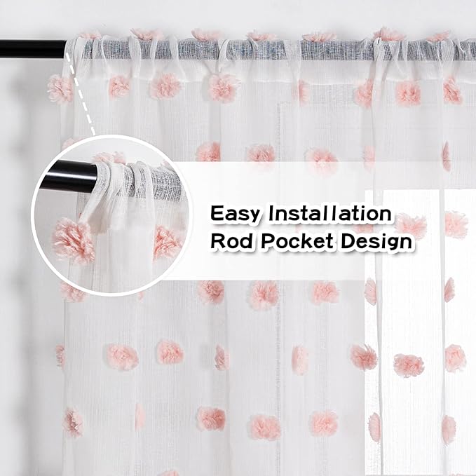 MYSKY HOME Short Curtains for Small Window 54 Inches Long Kitchen Pink Pom Pom Sheer for Bedroom Living Room Cafe Nursery Girls Kids Rod Pocket 2 Sets Boho Voile 37 x 54 in