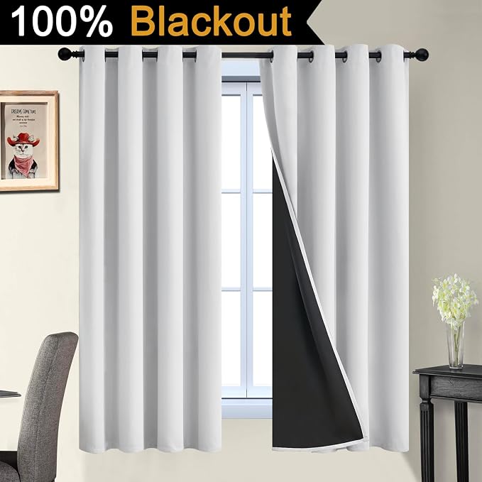 Yakamok Greyish White 100% Blackout Curtains 63 Inches Long, 2 Thick Layers | - Image 2
