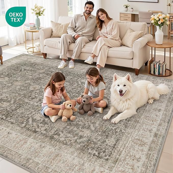 10x12 Area Rugs Living Room: Bedroom Washable Carpet Warm Taupe | Vintage Boho - Image 7