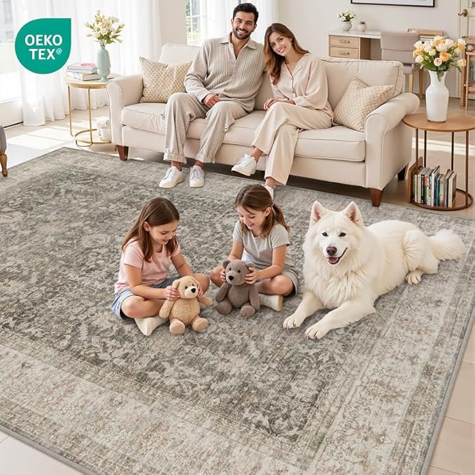 8x10 Area Rugs Living Room: Bedroom Washable Carpet Warm Taupe | Large Vintage - Image 7