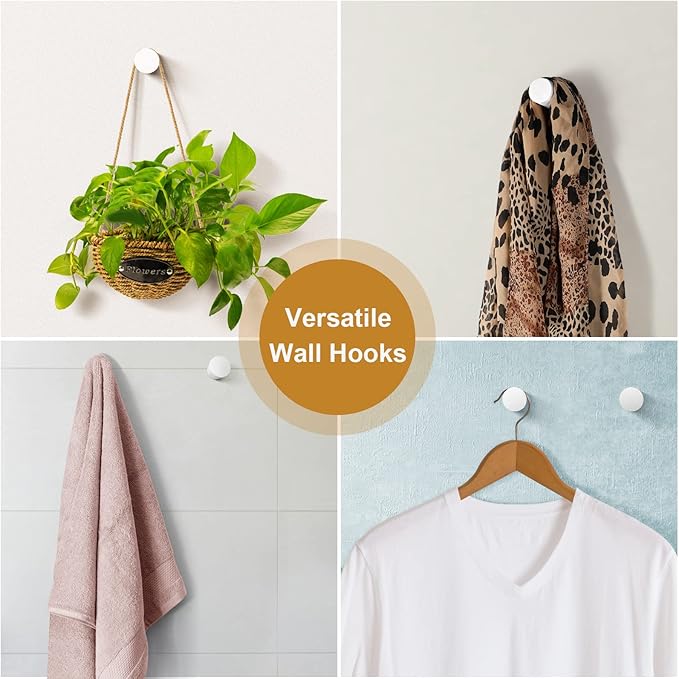Wood Wall Hooks 6 Pack, Modern Decorative Coat Hooks Wall Mounted, Handmade White Hat Hooks Heavy Duty Entryway Wall Hangers for Hanging Towels Robes Purses (White)