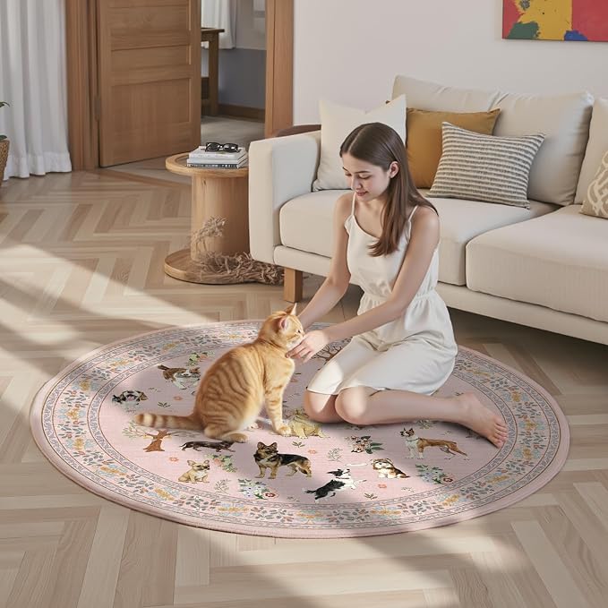 Pink 4Ft Round Dogs Area Rug for Living Room Bedroom | Stain Resistant; Non - Image 2