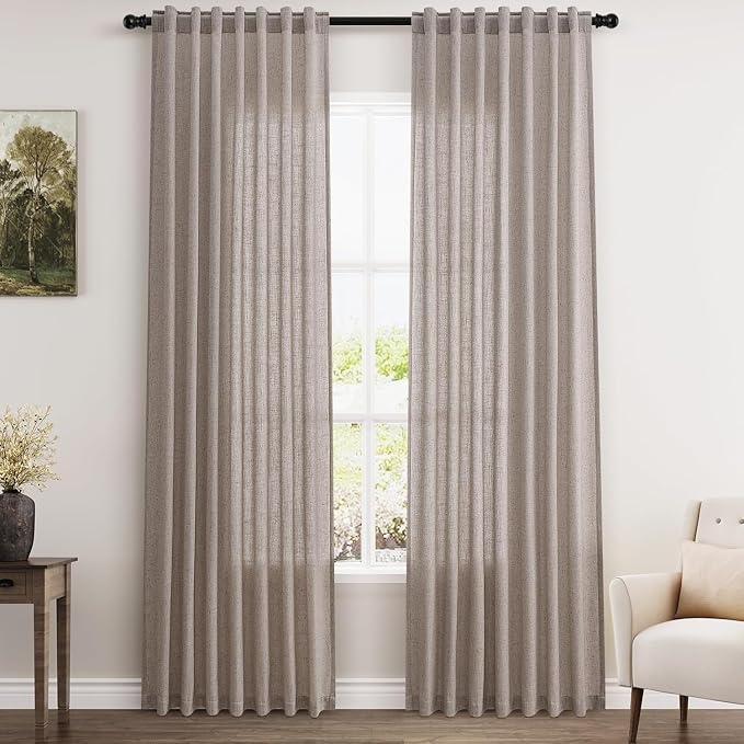 Brownish Grey Linen Curtains for Living Room 86 Inches Long Back Tab Light by Nanspring