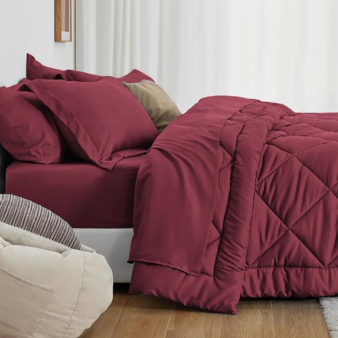 Love's cabin King Size Comforter Set Burgundy, 7 Pieces King Bed in a Bag, All Season Bedding Sets with 1 Comforter, 1 Flat Sheet, 1 Fitted Sheet, 2 Pillowcase and 2 Pillow Sham